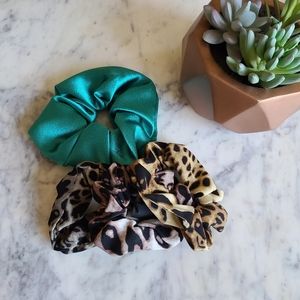 NEW Satin Hair Scrunchies Bundle - Green Satin + Animal Print Satin Set Of 3